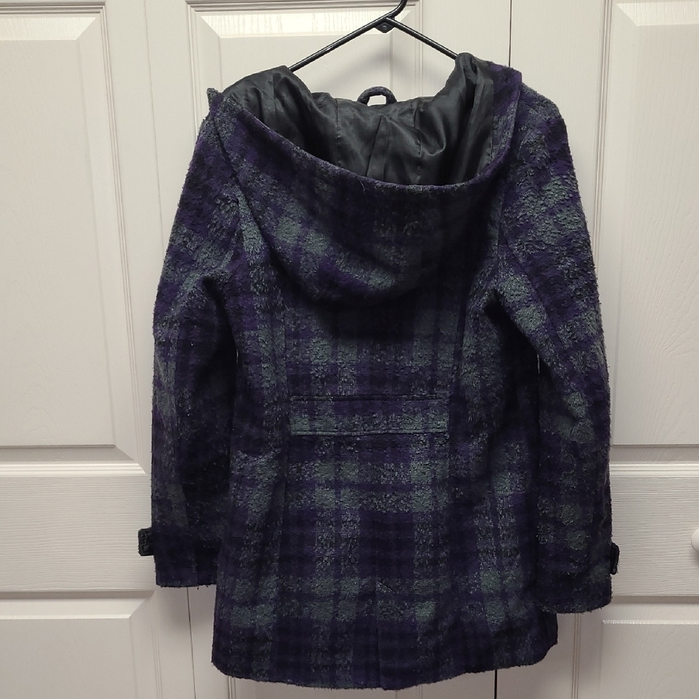 Madden Girl Purple and Gray Plaid Pea Coat With Hood. Features Slant Zipper M - Picture 4 of 10